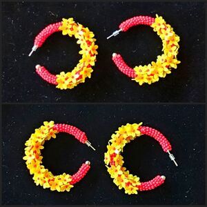 Red seed bead earrings hoops with yellow flowers dangle bohemian island